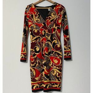 Size 6 - Cache Red Gold Maroon Swirl Cheetah Stretch Dress Long Sleeve NWT
